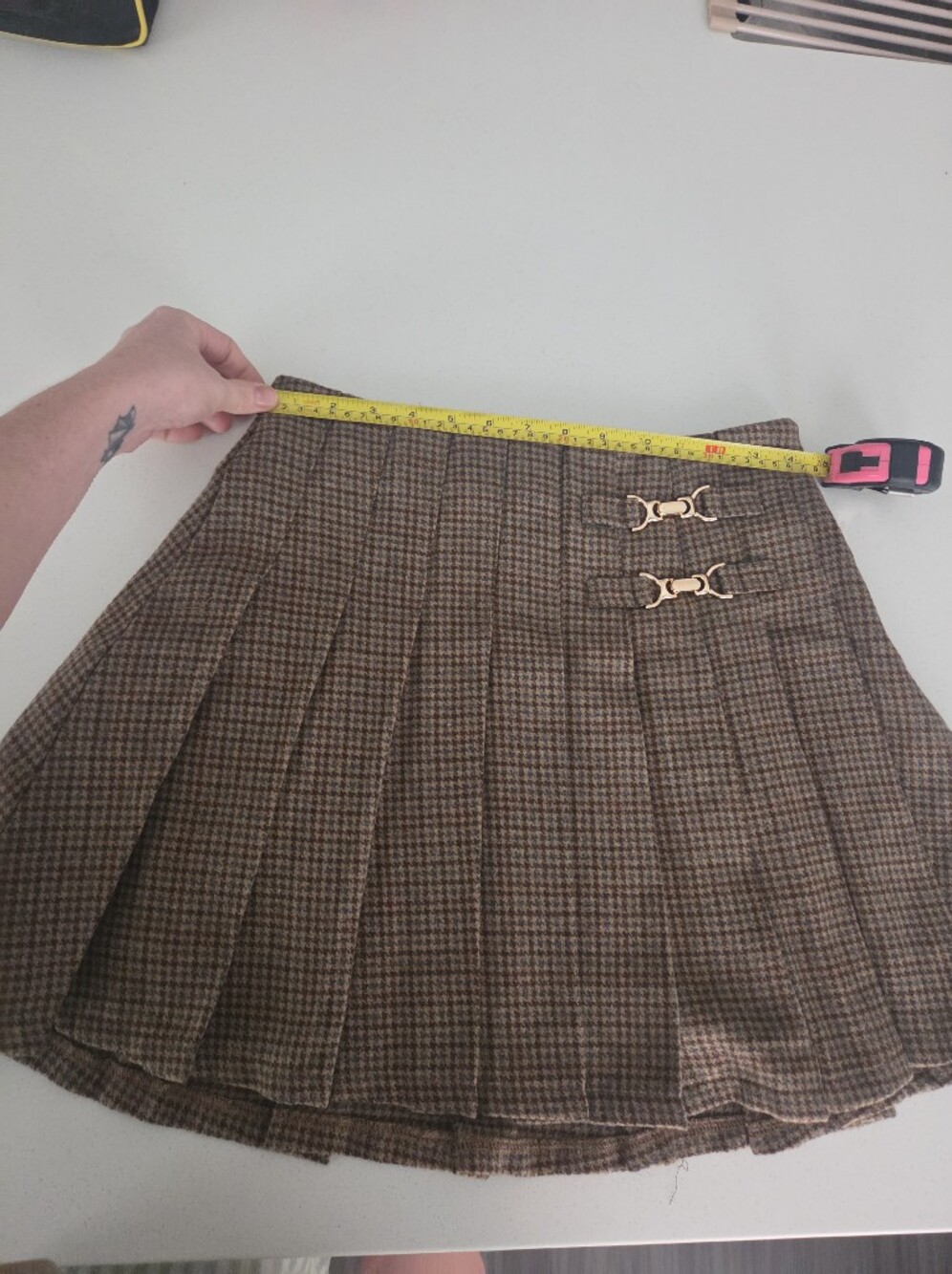Brown Houndstooth Pleated Women's Skirt with Gold Buckle Accents